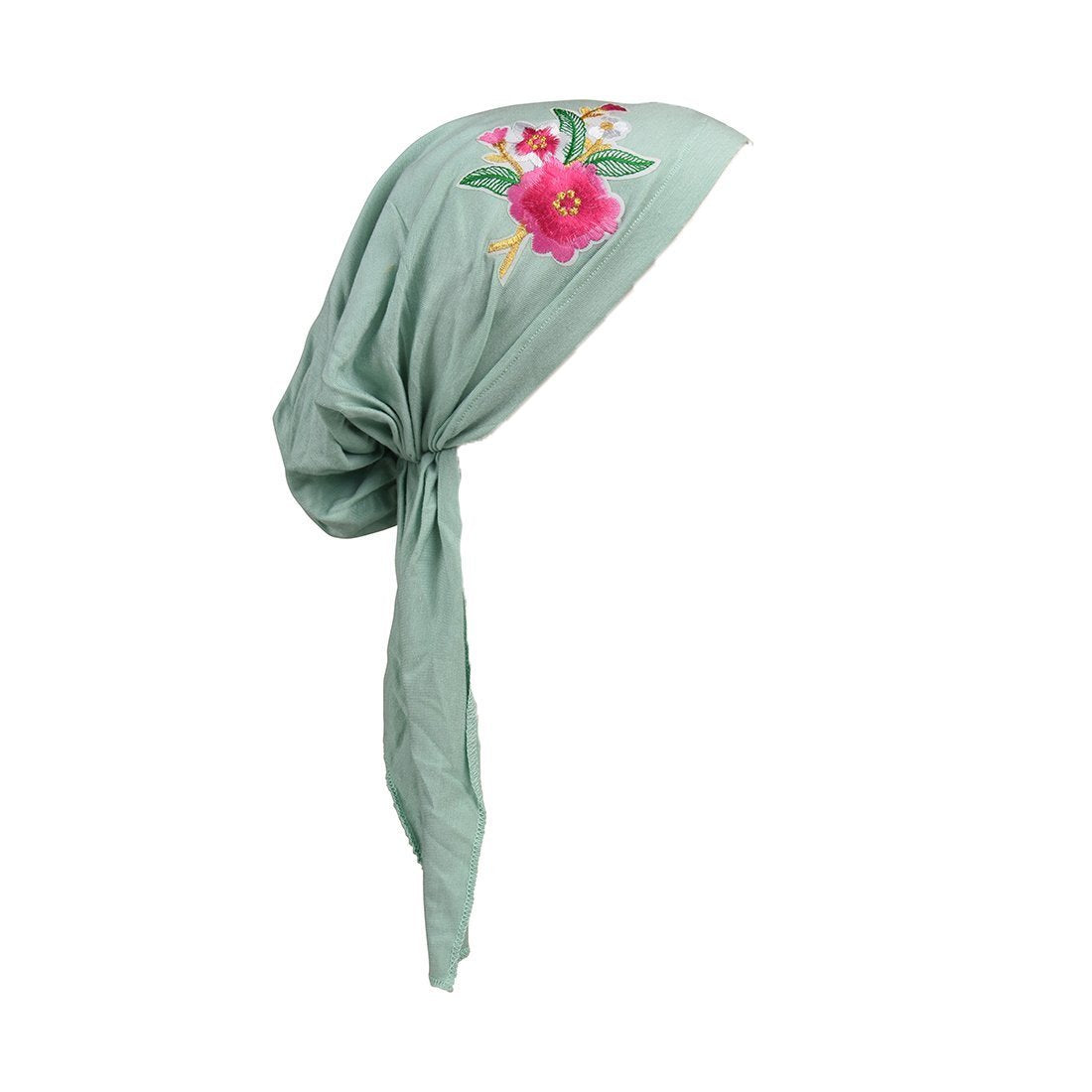 Pretied Headscarf Chemo Cap Modesty with Pink Flower Bouquet