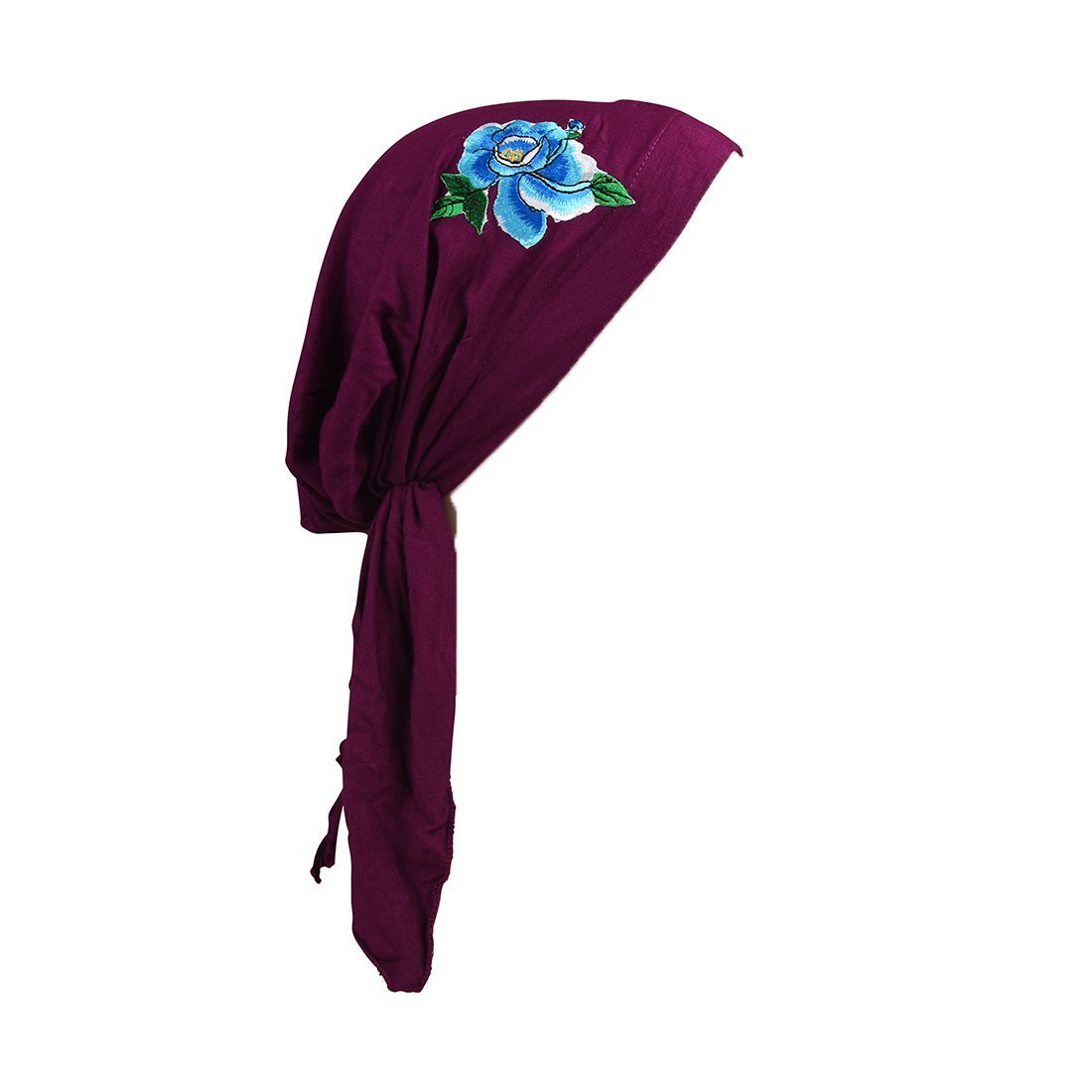 Pretied Bandana Cancer Hat Modesty Scarf with Blue Flower with Leaves