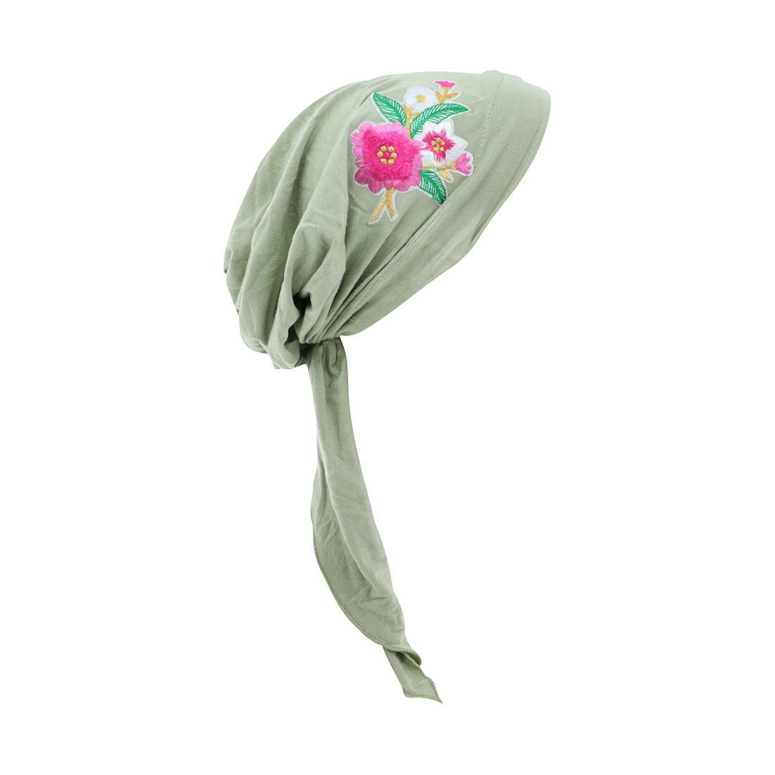 Pretied Headscarf Chemo Cap Modesty with Pink Flower Bouquet