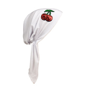 Sequin Cherries Applique on Child's Pretied Head Scarf Cancer Cap