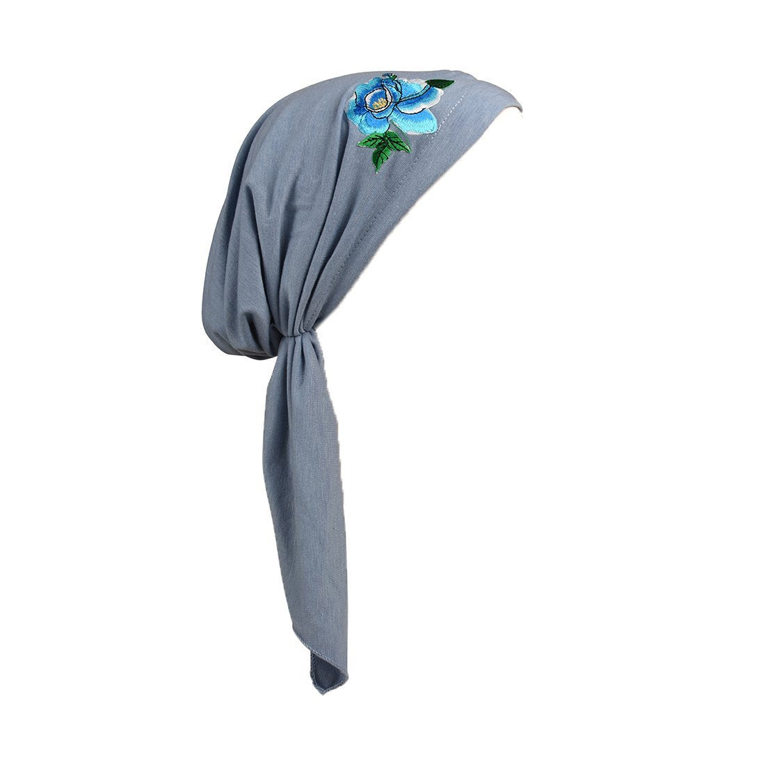 Pretied Bandana Cancer Hat Modesty Scarf with Blue Flower with Leaves