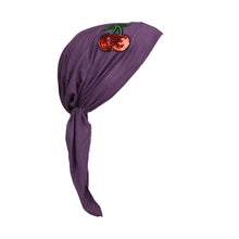 Load image into Gallery viewer, Sequin Cherries Applique on Child&#39;s Pretied Head Scarf Cancer Cap