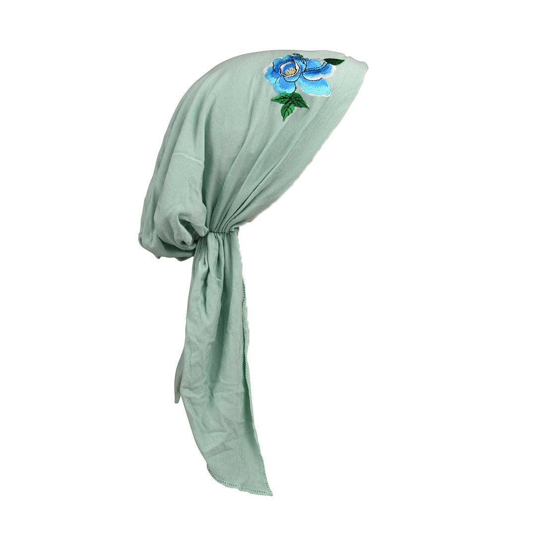 Pretied Bandana Cancer Hat Modesty Scarf with Blue Flower with Leaves