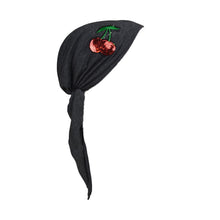 Load image into Gallery viewer, Sequin Cherries Applique on Child&#39;s Pretied Head Scarf Cancer Cap