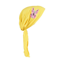 Load image into Gallery viewer, Sequin Butterfly Applique on Child&#39;s Pretied Head Scarf Cancer Cap