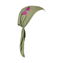 Load image into Gallery viewer, Sequin Butterfly Applique on Child&#39;s Pretied Head Scarf Cancer Cap