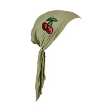 Load image into Gallery viewer, Sequin Cherries Applique on Child&#39;s Pretied Head Scarf Cancer Cap