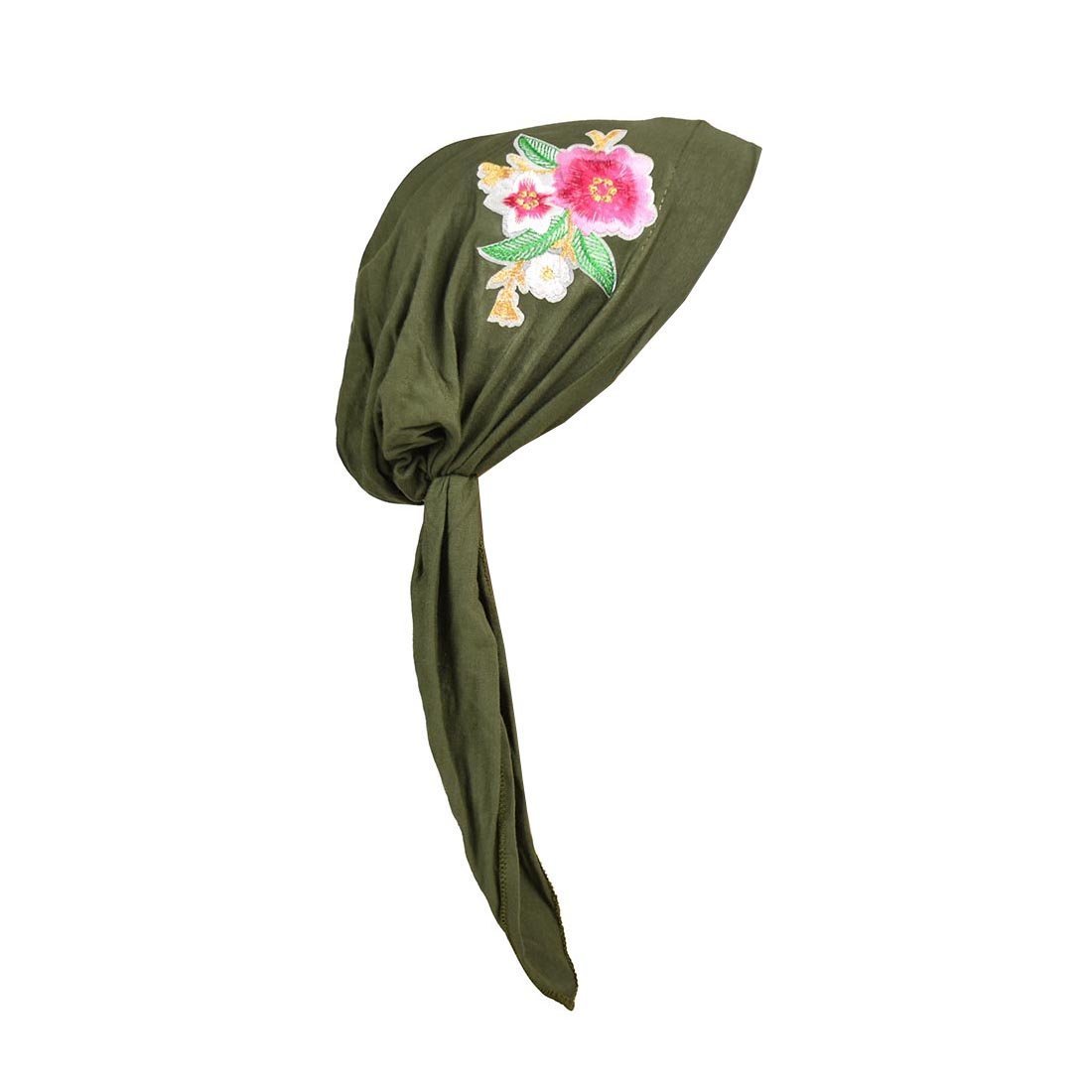 Pretied Headscarf Chemo Cap Modesty with Pink Flower Bouquet