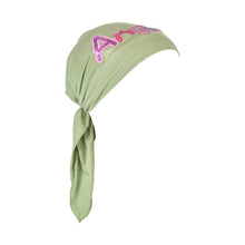 Load image into Gallery viewer, Pink Angel Applique on Child&#39;s Pretied Head Scarf Cancer Cap