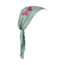 Load image into Gallery viewer, Sequin Butterfly Applique on Child&#39;s Pretied Head Scarf Cancer Cap