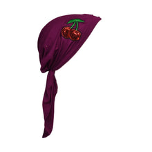 Load image into Gallery viewer, Sequin Cherries Applique on Child&#39;s Pretied Head Scarf Cancer Cap