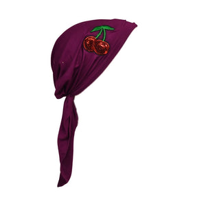 Sequin Cherries Applique on Child's Pretied Head Scarf Cancer Cap