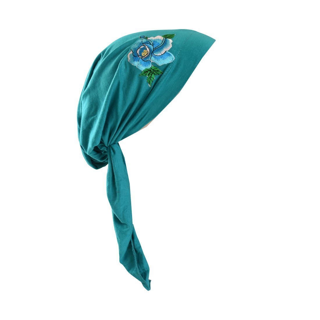 Pretied Bandana Cancer Hat Modesty Scarf with Blue Flower with Leaves