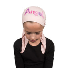 Load image into Gallery viewer, Pink Angel Applique on Child&#39;s Pretied Head Scarf Cancer Cap