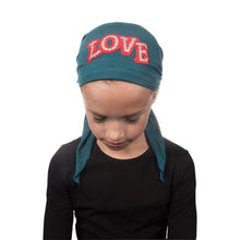 Load image into Gallery viewer, Sequin Love Applique on Child&#39;s Pretied Head Scarf Cancer Cap