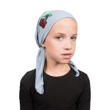 Load image into Gallery viewer, Sequin Cherries Applique on Child&#39;s Pretied Head Scarf Cancer Cap