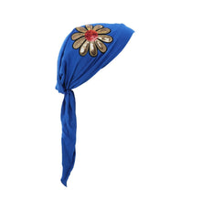 Load image into Gallery viewer, Landana Headscarves Pretied with Large Gold &amp; Red Flower