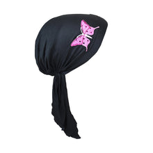 Load image into Gallery viewer, Sequin Butterfly Applique on Child&#39;s Pretied Head Scarf Cancer Cap