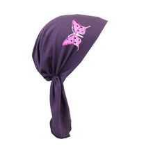 Load image into Gallery viewer, Sequin Butterfly Applique on Child&#39;s Pretied Head Scarf Cancer Cap