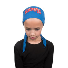 Load image into Gallery viewer, Sequin Love Applique on Child&#39;s Pretied Head Scarf Cancer Cap