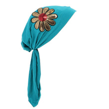 Load image into Gallery viewer, Landana Headscarves Pretied with Large Gold &amp; Red Flower