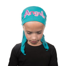 Load image into Gallery viewer, Pink Angel Applique on Child&#39;s Pretied Head Scarf Cancer Cap