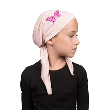 Load image into Gallery viewer, Sequin Butterfly Applique on Child&#39;s Pretied Head Scarf Cancer Cap