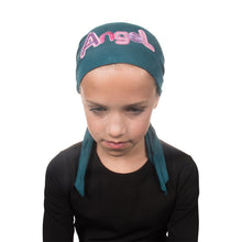 Load image into Gallery viewer, Pink Angel Applique on Child&#39;s Pretied Head Scarf Cancer Cap