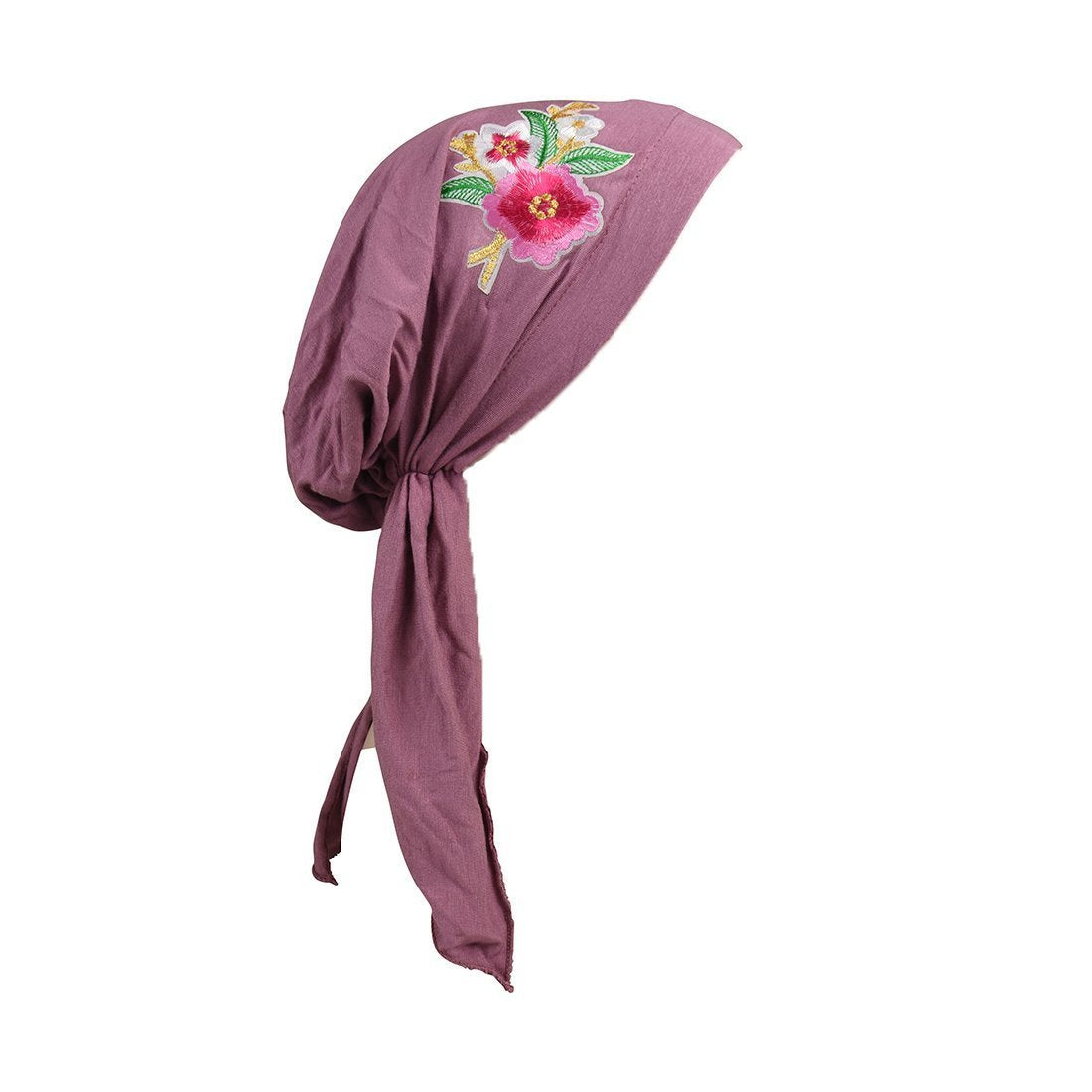 Pretied Headscarf Chemo Cap Modesty with Pink Flower Bouquet