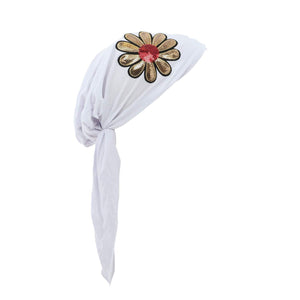 Landana Headscarves Pretied with Large Gold & Red Flower