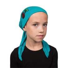 Load image into Gallery viewer, Sequin Cherries Applique on Child&#39;s Pretied Head Scarf Cancer Cap