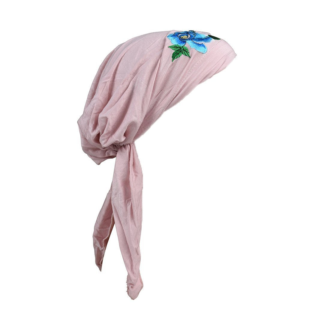 Pretied Bandana Cancer Hat Modesty Scarf with Blue Flower with Leaves