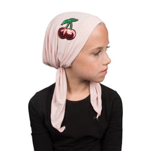 Load image into Gallery viewer, Sequin Cherries Applique on Child&#39;s Pretied Head Scarf Cancer Cap