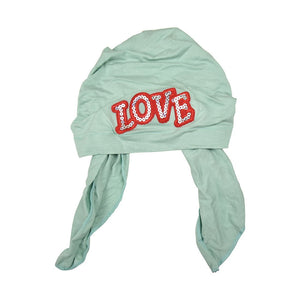 Sequin Love Applique on Child's Pretied Head Scarf Cancer Cap