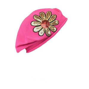 Landana Headscarves Cotton Ladies Beret with Large Gold & Red Flower