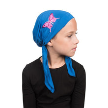 Load image into Gallery viewer, Sequin Butterfly Applique on Child&#39;s Pretied Head Scarf Cancer Cap