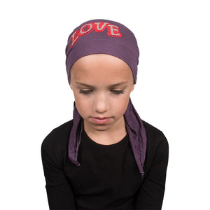 Sequin Love Applique on Child's Pretied Head Scarf Cancer Cap