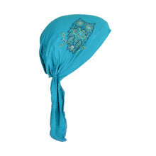 Load image into Gallery viewer, Owl Applique on Child&#39;s Pretied Head Scarf Cancer Cap