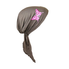 Load image into Gallery viewer, Sequin Butterfly Applique on Child&#39;s Pretied Head Scarf Cancer Cap