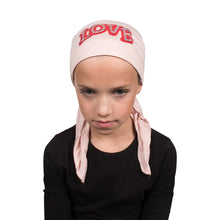 Load image into Gallery viewer, Sequin Love Applique on Child&#39;s Pretied Head Scarf Cancer Cap