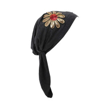 Load image into Gallery viewer, Landana Headscarves Pretied with Large Gold &amp; Red Flower