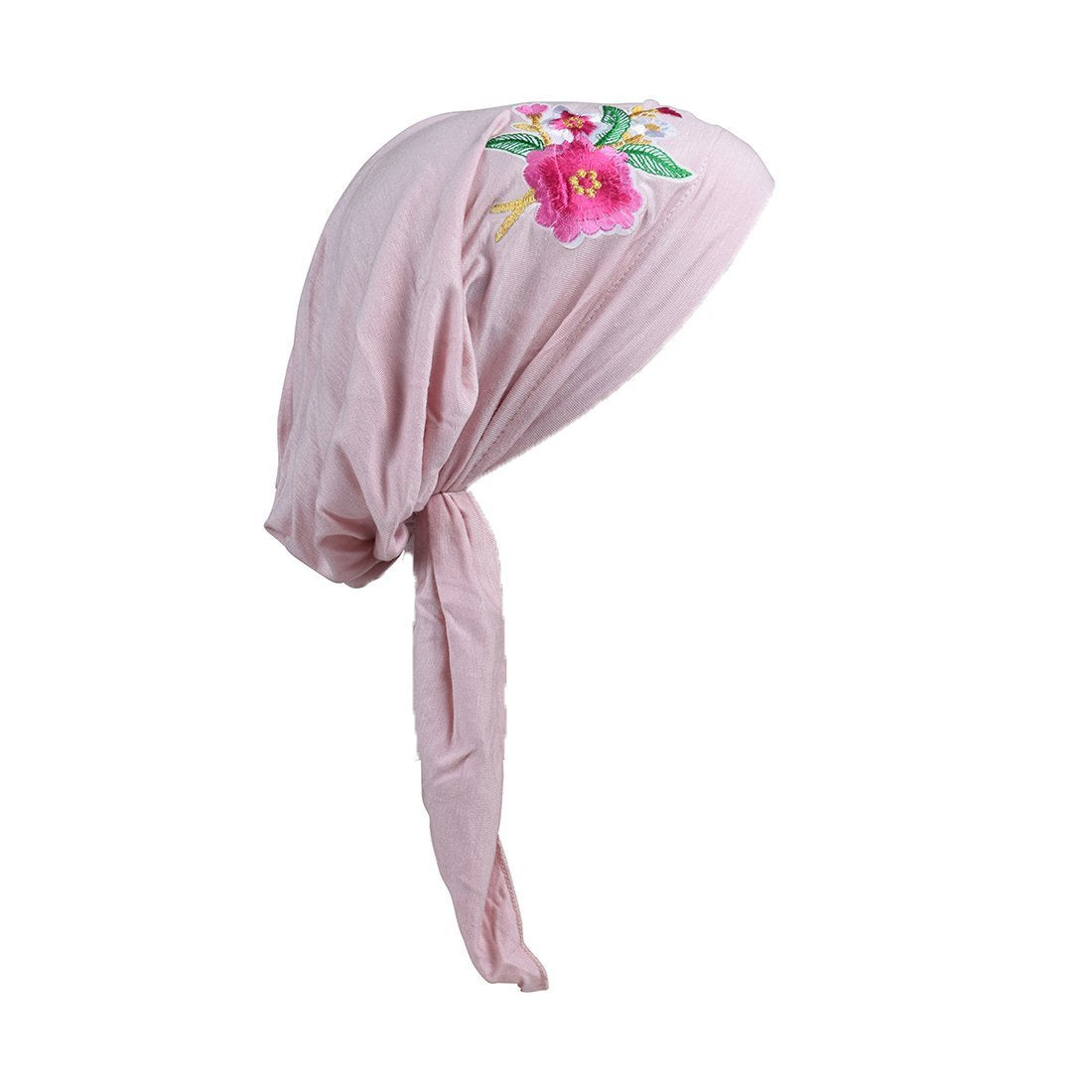 Pretied Headscarf Chemo Cap Modesty with Pink Flower Bouquet