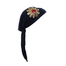 Load image into Gallery viewer, Landana Headscarves Pretied with Large Gold &amp; Red Flower