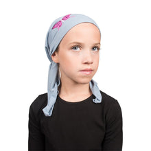 Load image into Gallery viewer, Sequin Butterfly Applique on Child&#39;s Pretied Head Scarf Cancer Cap