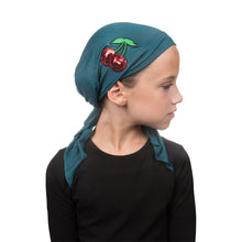 Load image into Gallery viewer, Sequin Cherries Applique on Child&#39;s Pretied Head Scarf Cancer Cap