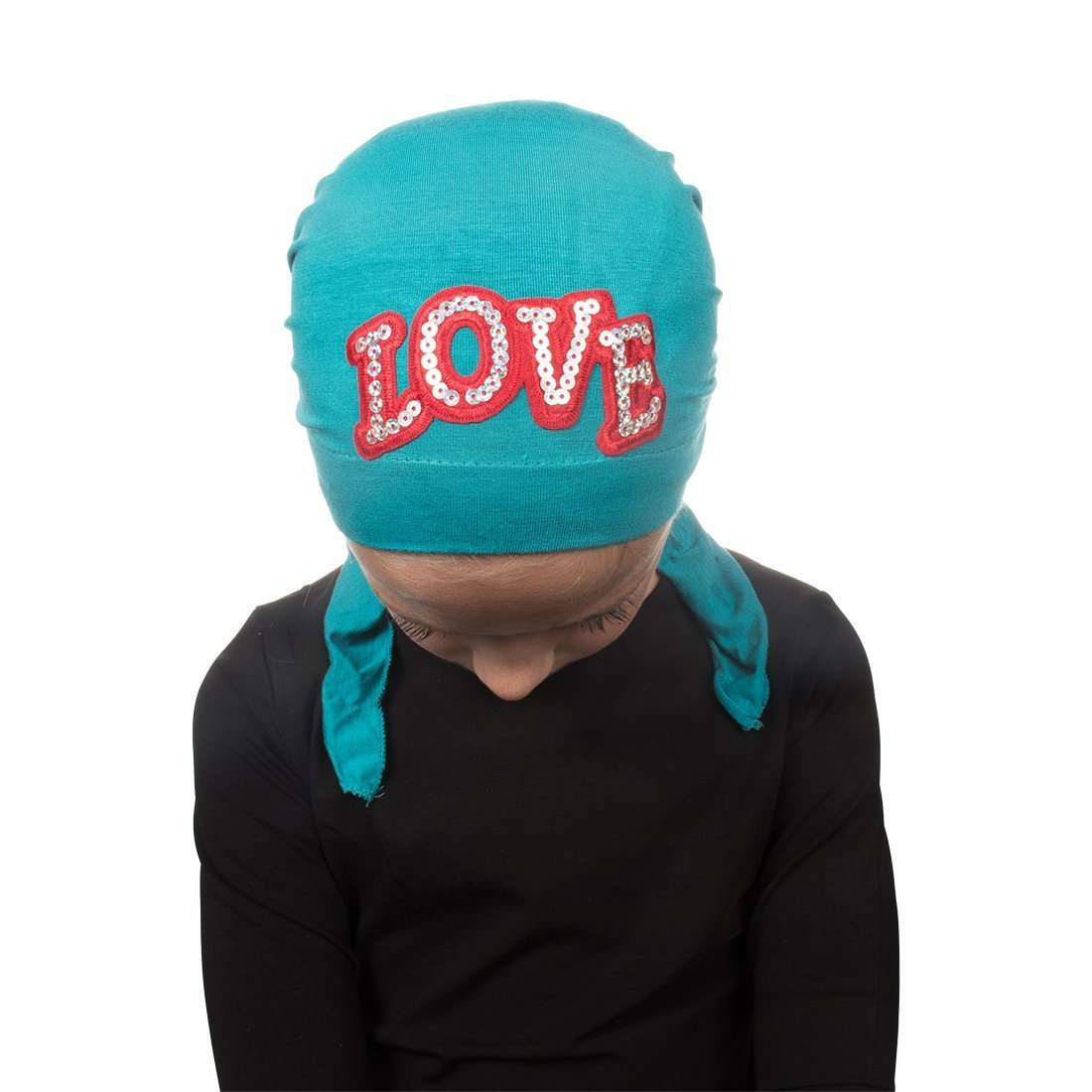 Sequin Love Applique on Child's Pretied Head Scarf Cancer Cap
