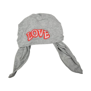 Sequin Love Applique on Child's Pretied Head Scarf Cancer Cap