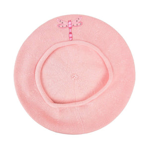 Landana Headscarves Beret with Light Pink Dragonfly Applique-Blue