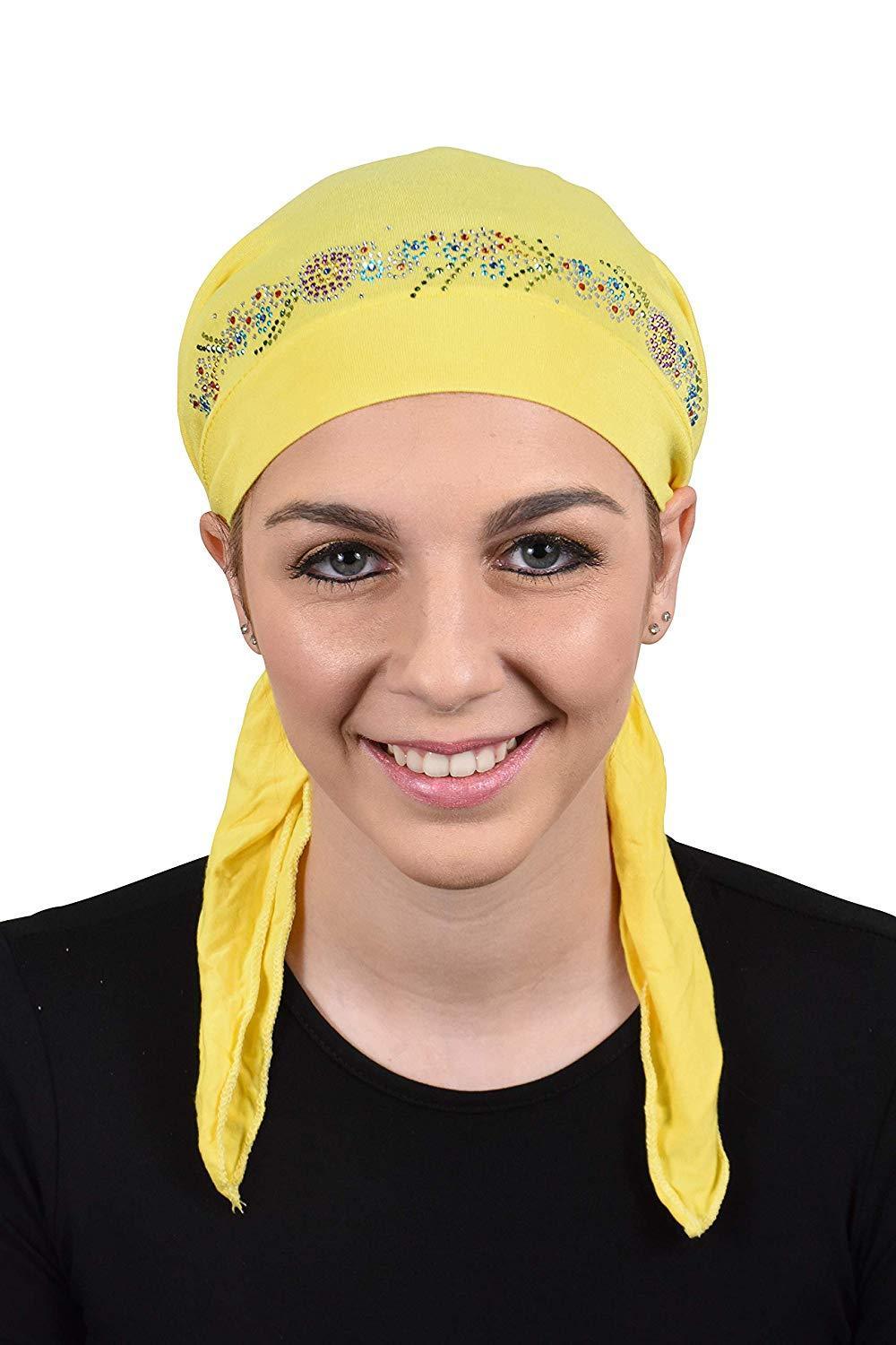 Pretied Headscarf Chemo Cap Modesty with Rhinestone Floral Band