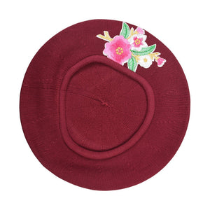 Landana Headscarves Blue 100% Cotton Beret French Ladies Hat with Pink Flower Bouquet